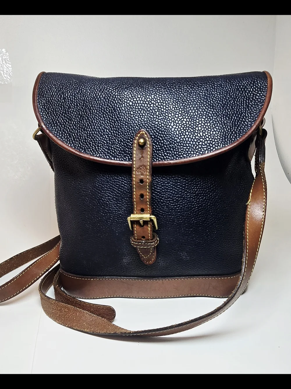 Vintage Mulberry Crossbody Bag Black Scotchgrain Leather Brown Trim - Picture 2 of 11
